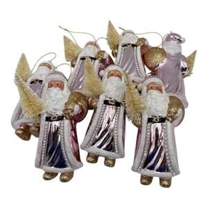 7- Purple Pink Gold Glitter Santa Ornaments Shatterproof Lot of 7 NWOT 6” Tall